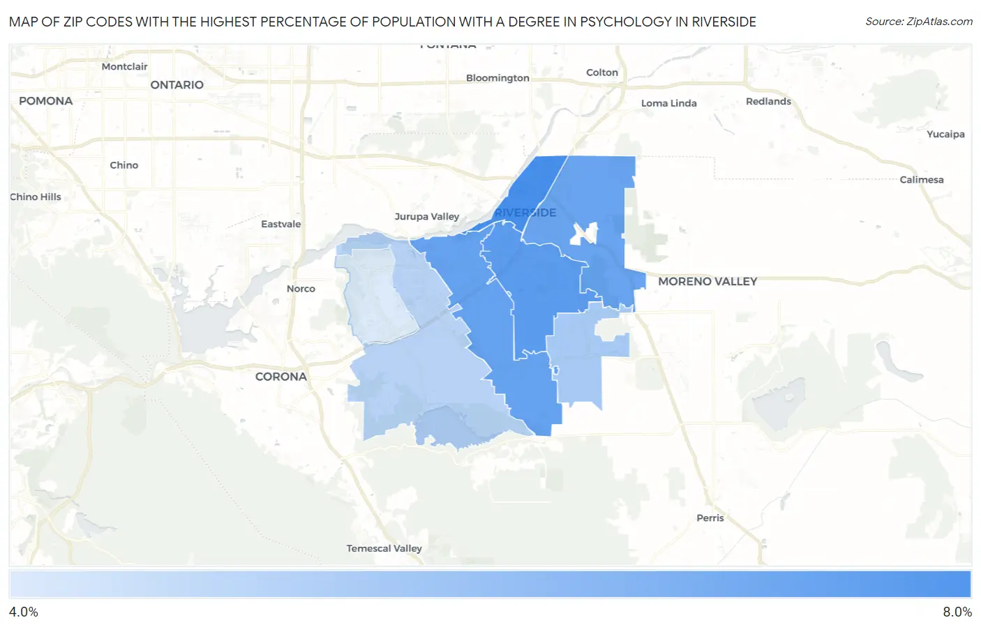 Zip Codes with the Highest Percentage of Population with a Degree in Psychology in Riverside Map