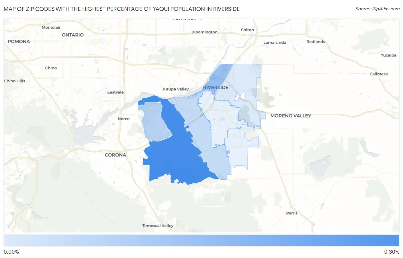 Zip Codes with the Highest Percentage of Yaqui Population in Riverside Map
