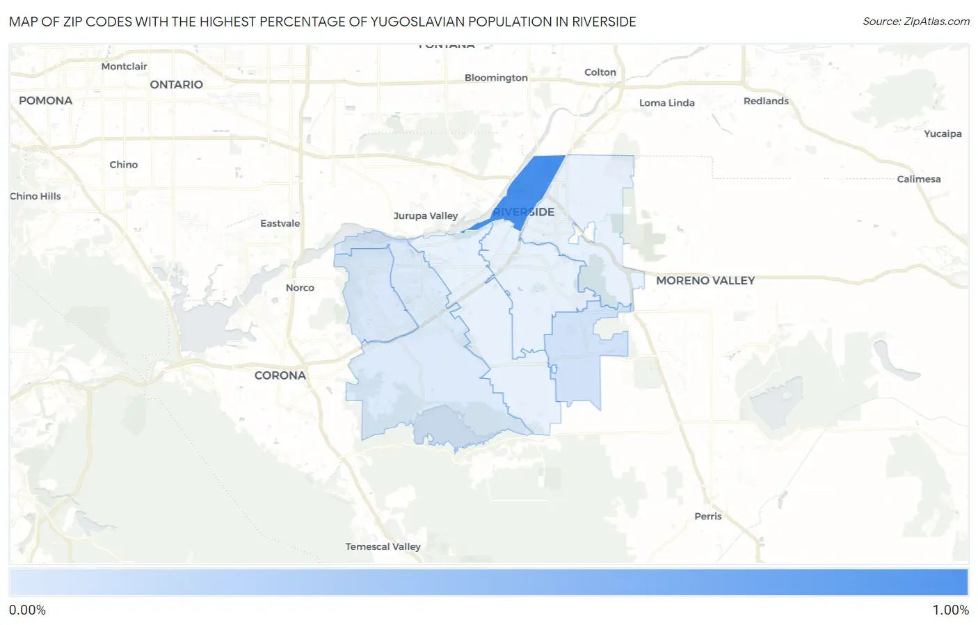 Zip Codes with the Highest Percentage of Yugoslavian Population in Riverside Map