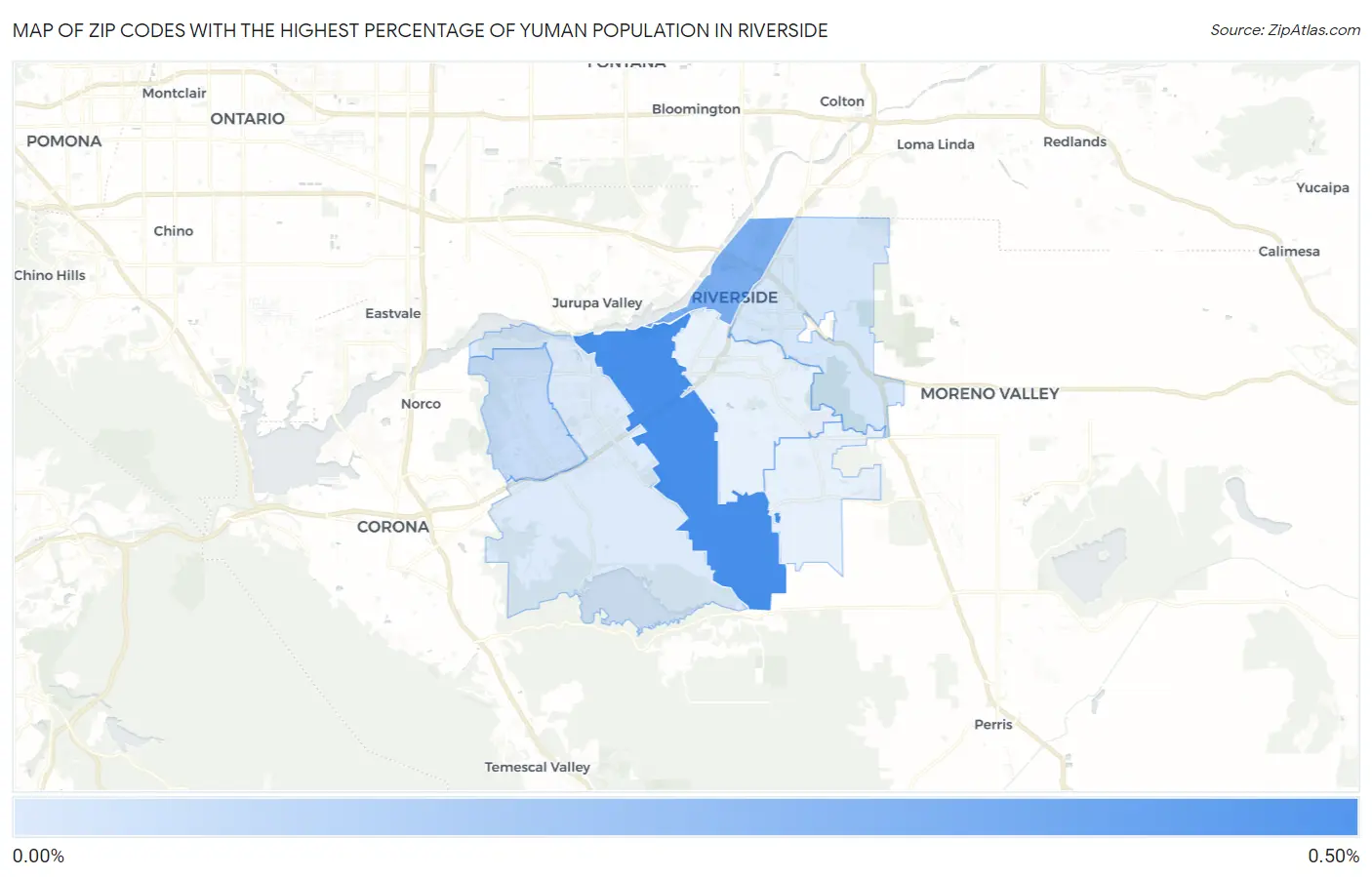 Zip Codes with the Highest Percentage of Yuman Population in Riverside Map