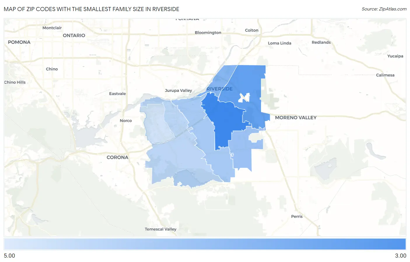 Zip Codes with the Smallest Family Size in Riverside Map