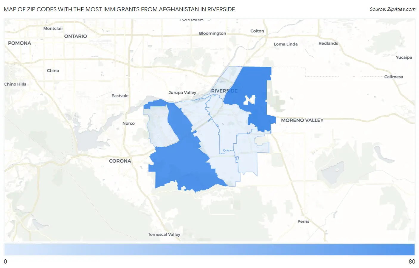 Zip Codes with the Most Immigrants from Afghanistan in Riverside Map
