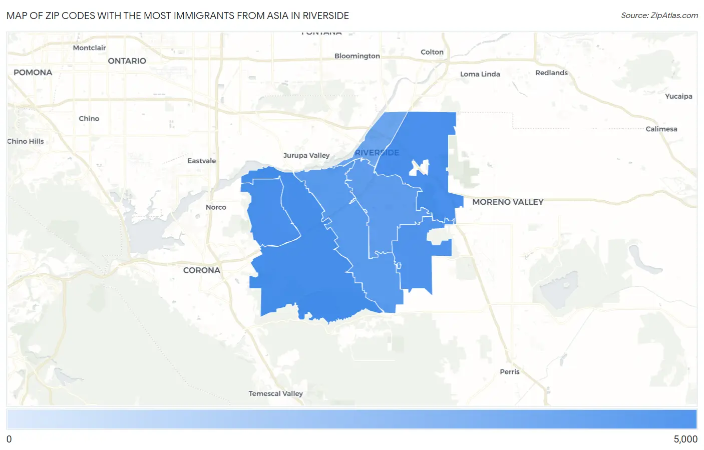 Zip Codes with the Most Immigrants from Asia in Riverside Map