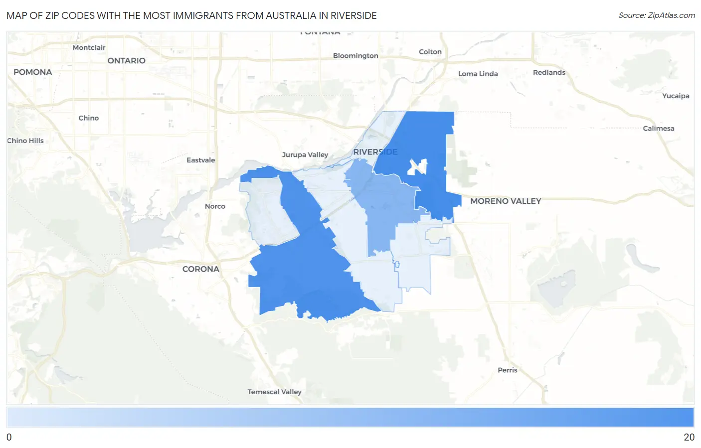 Zip Codes with the Most Immigrants from Australia in Riverside Map