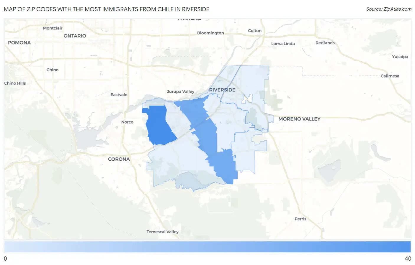 Zip Codes with the Most Immigrants from Chile in Riverside Map