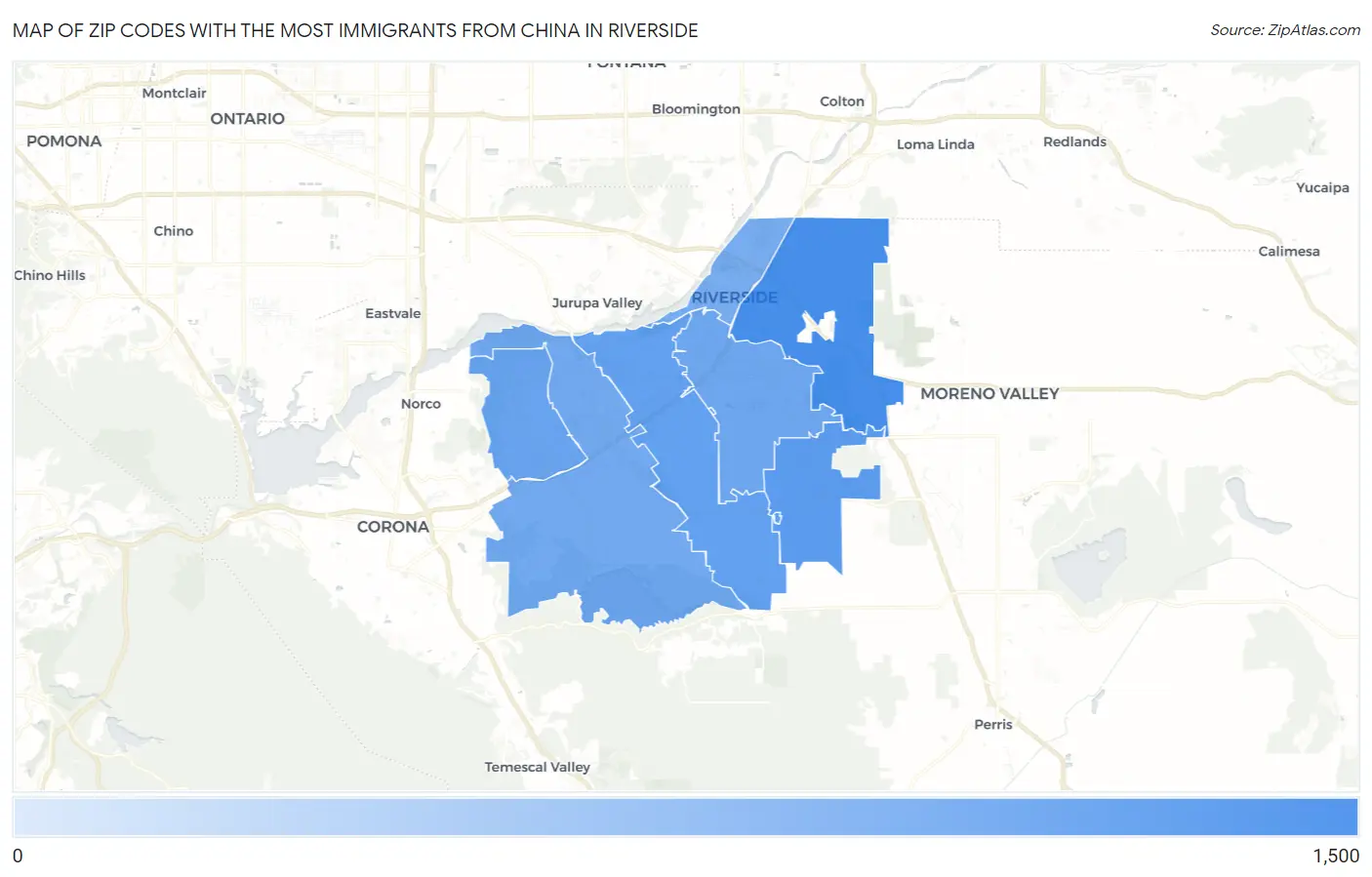 Zip Codes with the Most Immigrants from China in Riverside Map