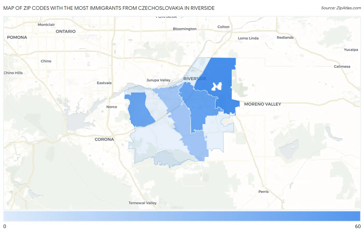 Zip Codes with the Most Immigrants from Czechoslovakia in Riverside Map