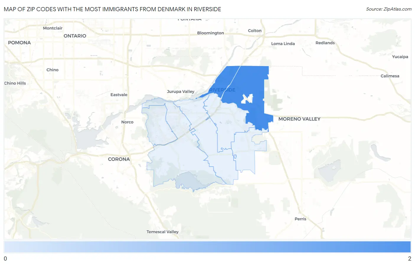 Zip Codes with the Most Immigrants from Denmark in Riverside Map