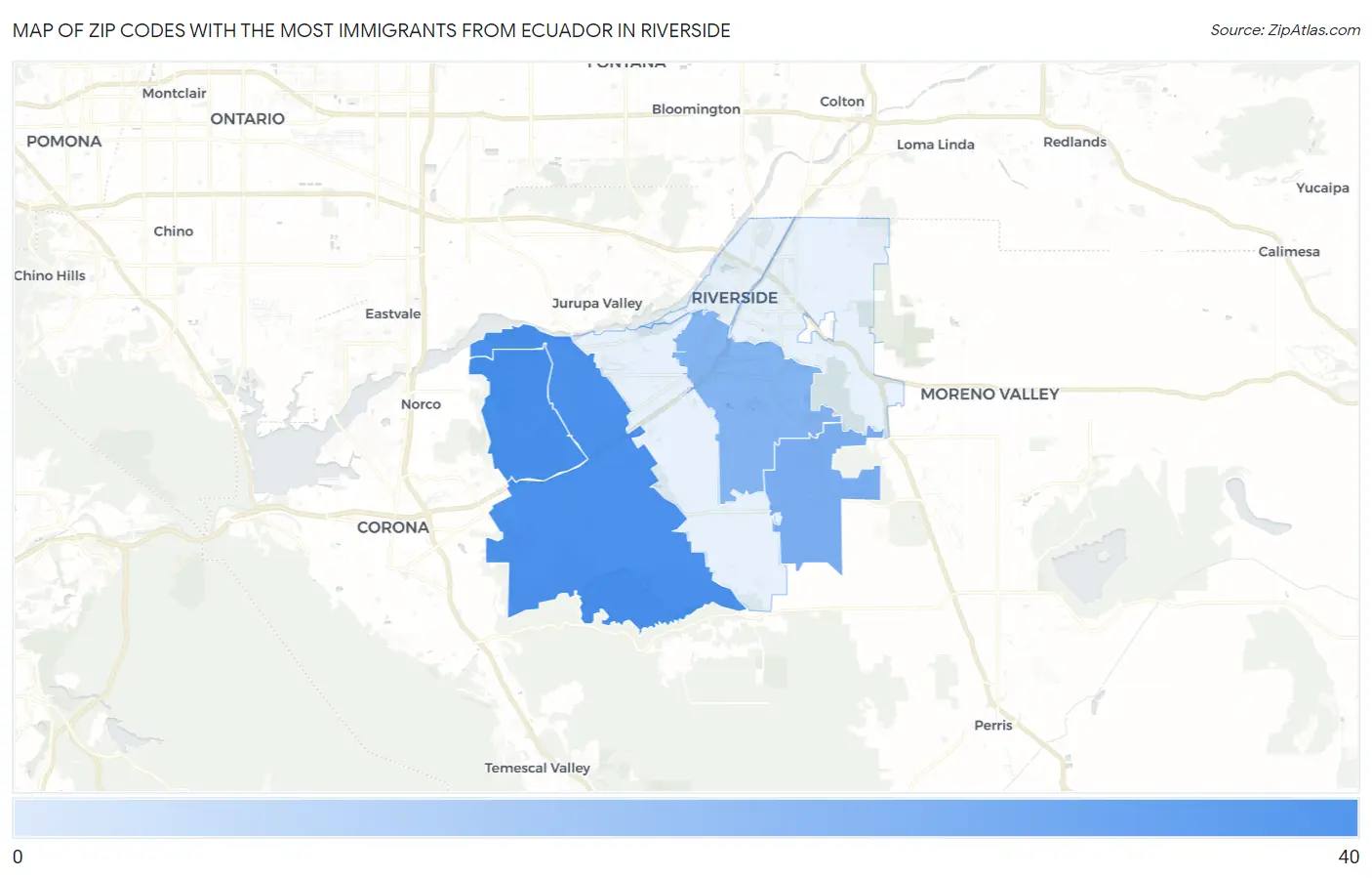 Zip Codes with the Most Immigrants from Ecuador in Riverside Map