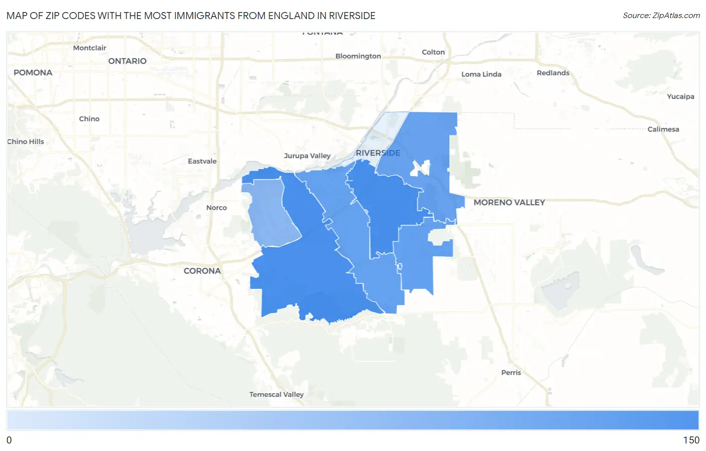 Zip Codes with the Most Immigrants from England in Riverside Map