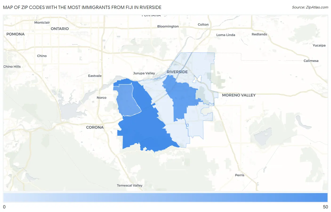 Zip Codes with the Most Immigrants from Fiji in Riverside Map