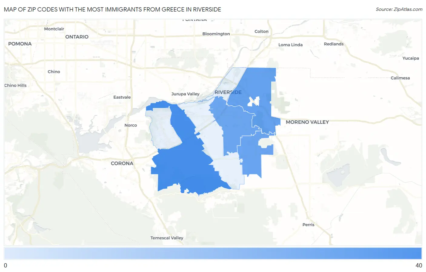 Zip Codes with the Most Immigrants from Greece in Riverside Map