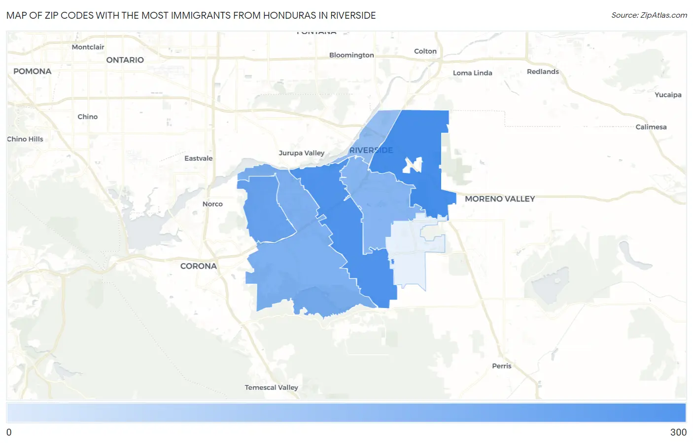 Zip Codes with the Most Immigrants from Honduras in Riverside Map