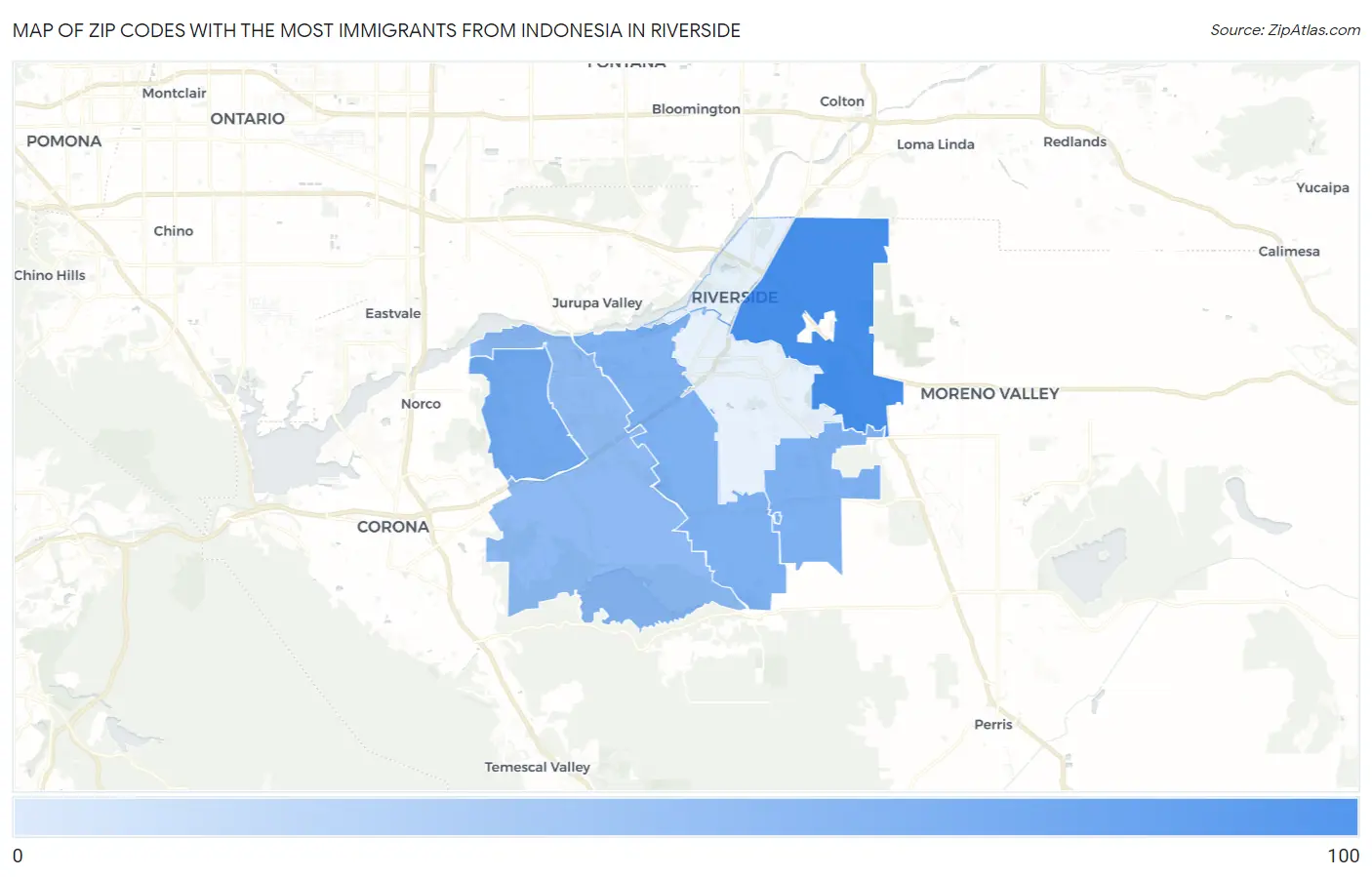 Zip Codes with the Most Immigrants from Indonesia in Riverside Map