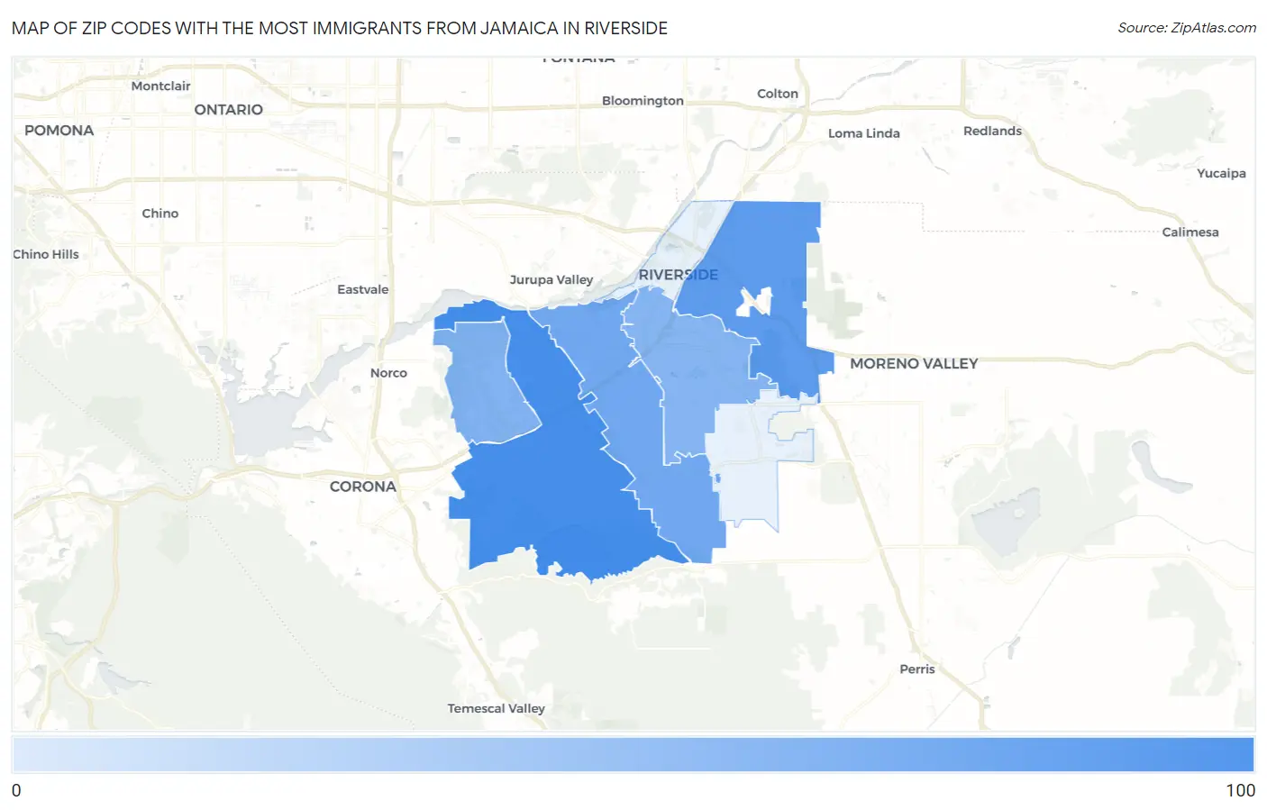 Zip Codes with the Most Immigrants from Jamaica in Riverside Map