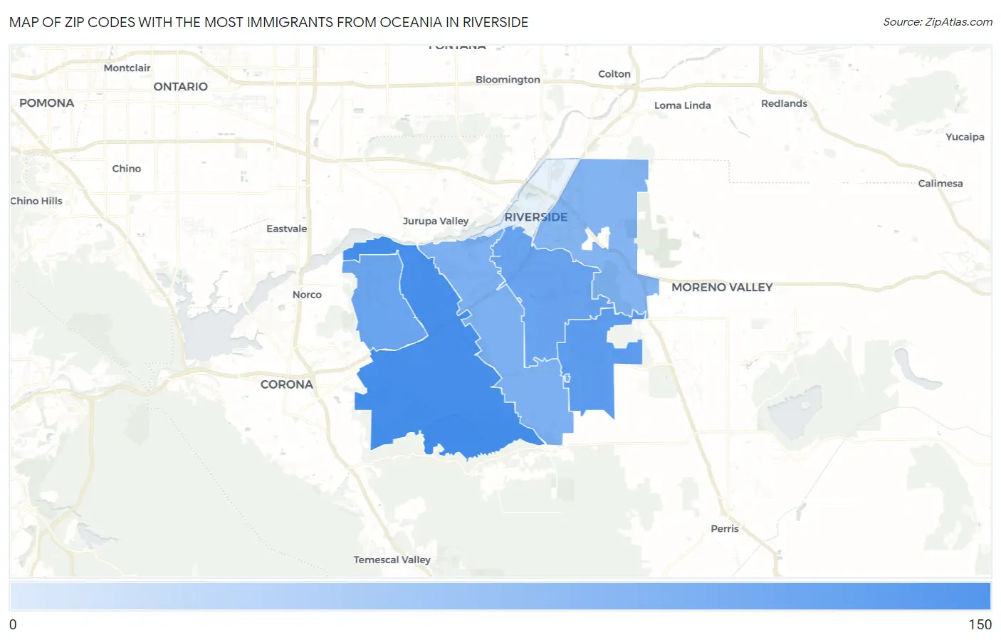 Zip Codes with the Most Immigrants from Oceania in Riverside Map