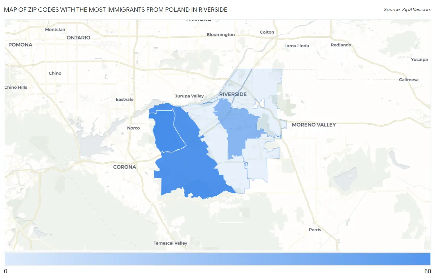 Zip Codes with the Most Immigrants from Poland in Riverside Map