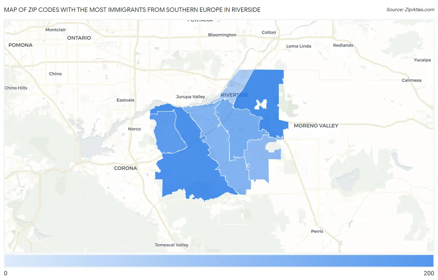 Zip Codes with the Most Immigrants from Southern Europe in Riverside Map