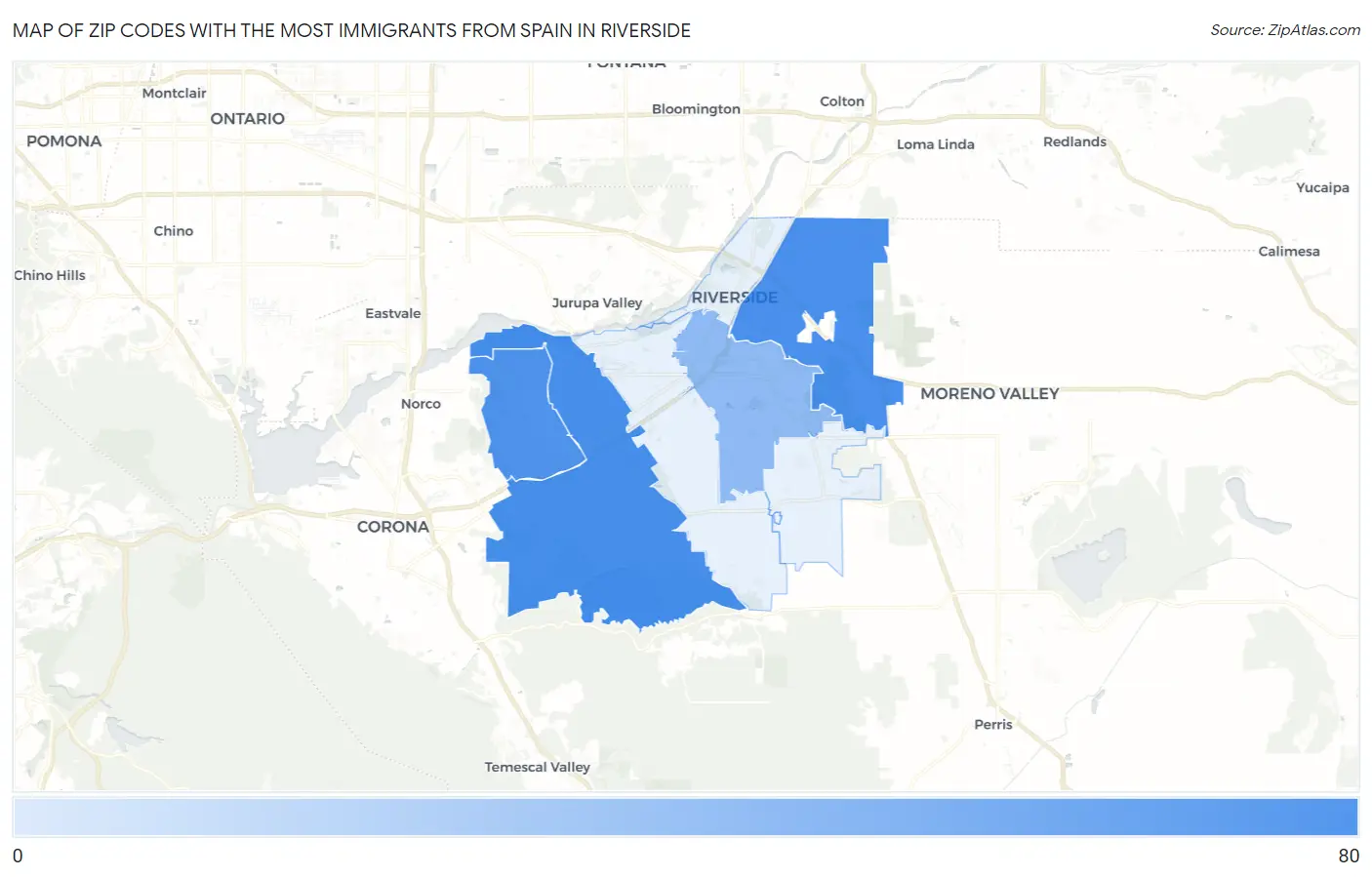 Zip Codes with the Most Immigrants from Spain in Riverside Map