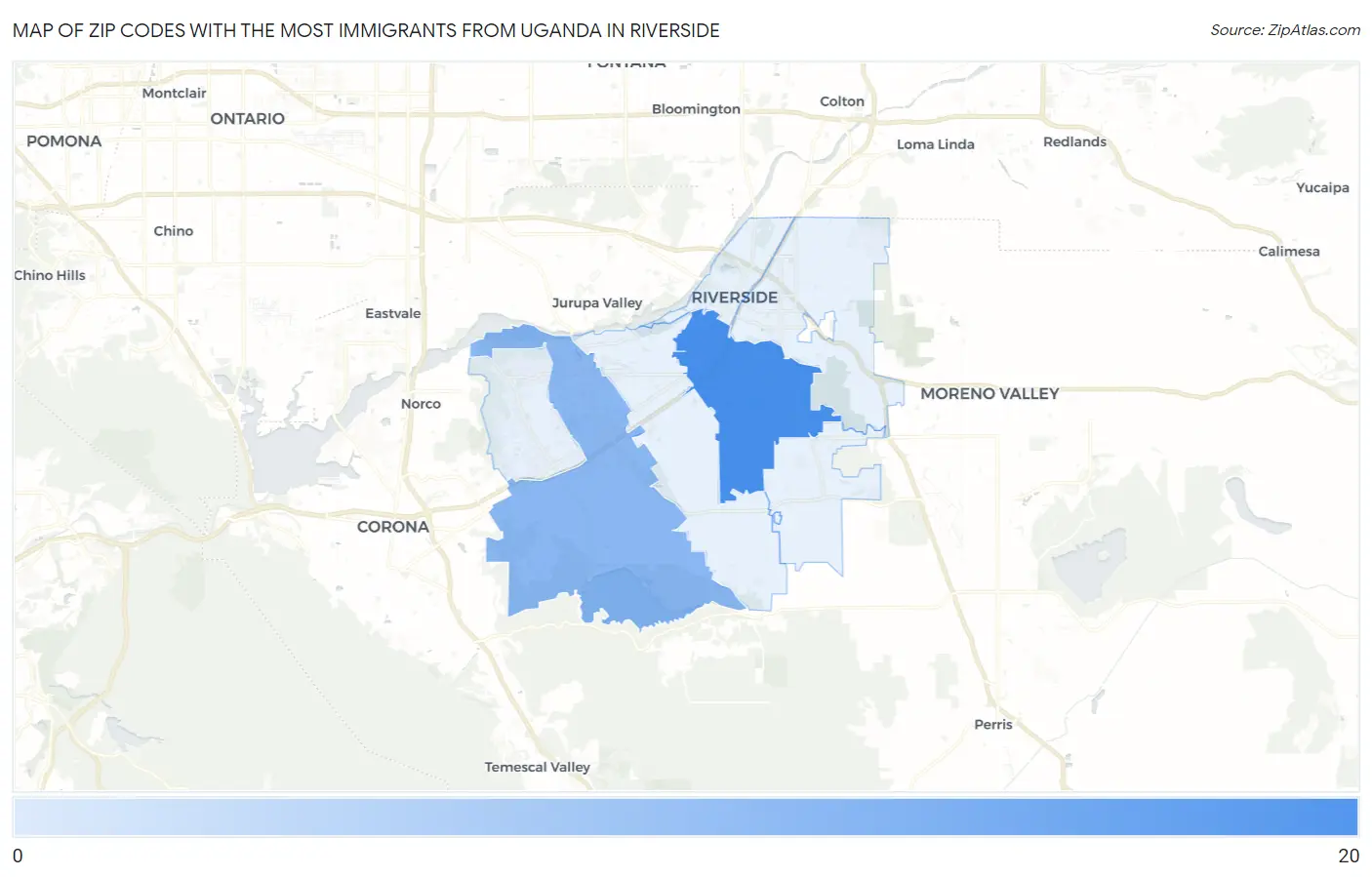 Zip Codes with the Most Immigrants from Uganda in Riverside Map