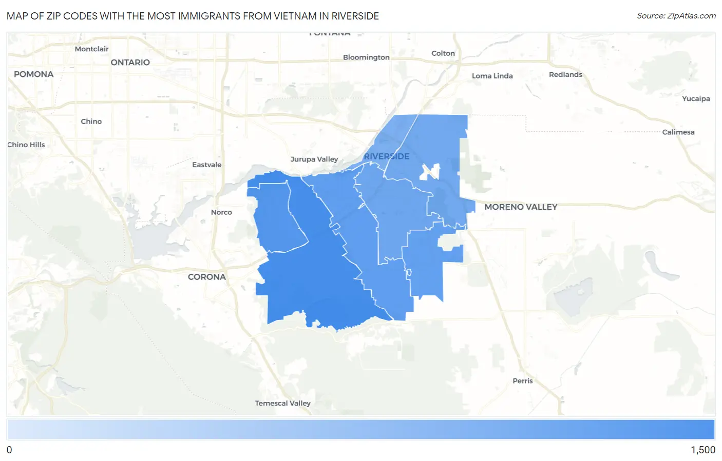 Zip Codes with the Most Immigrants from Vietnam in Riverside Map
