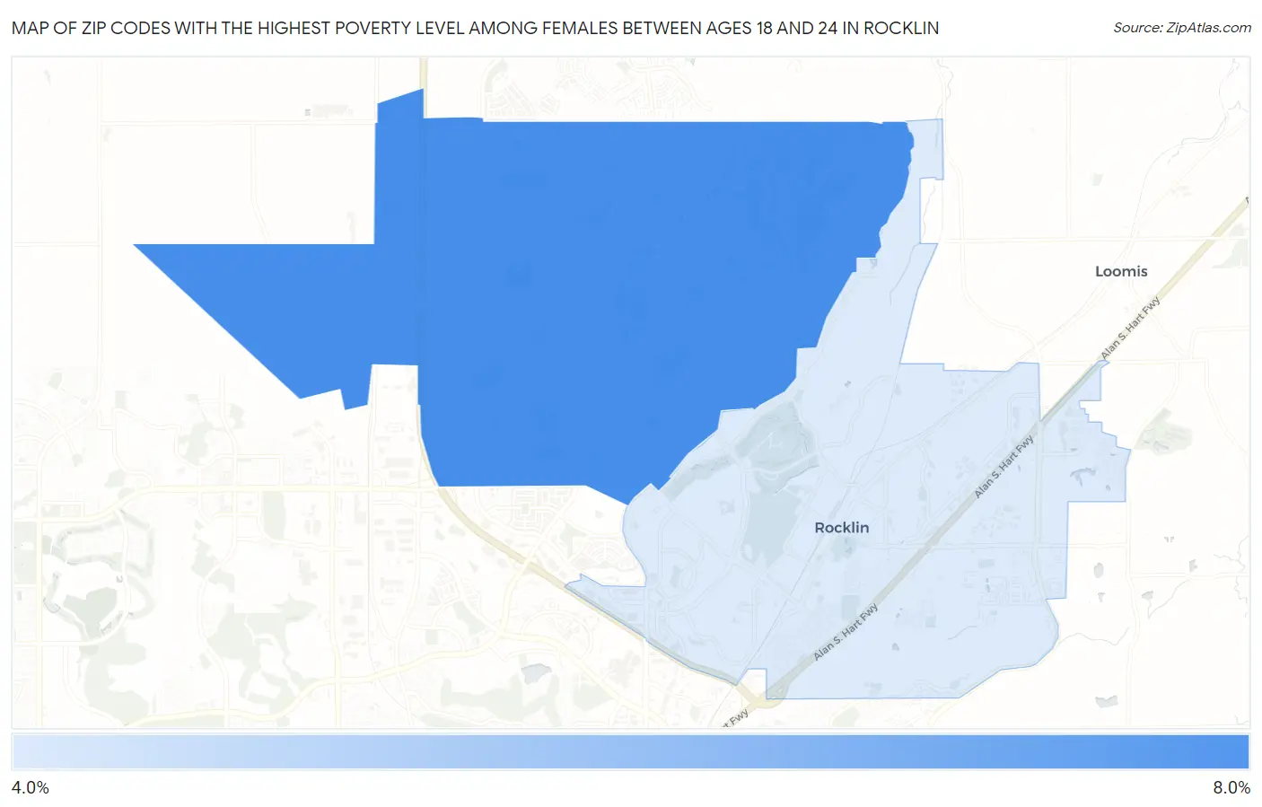 Zip Codes with the Highest Poverty Level Among Females Between Ages 18 and 24 in Rocklin Map