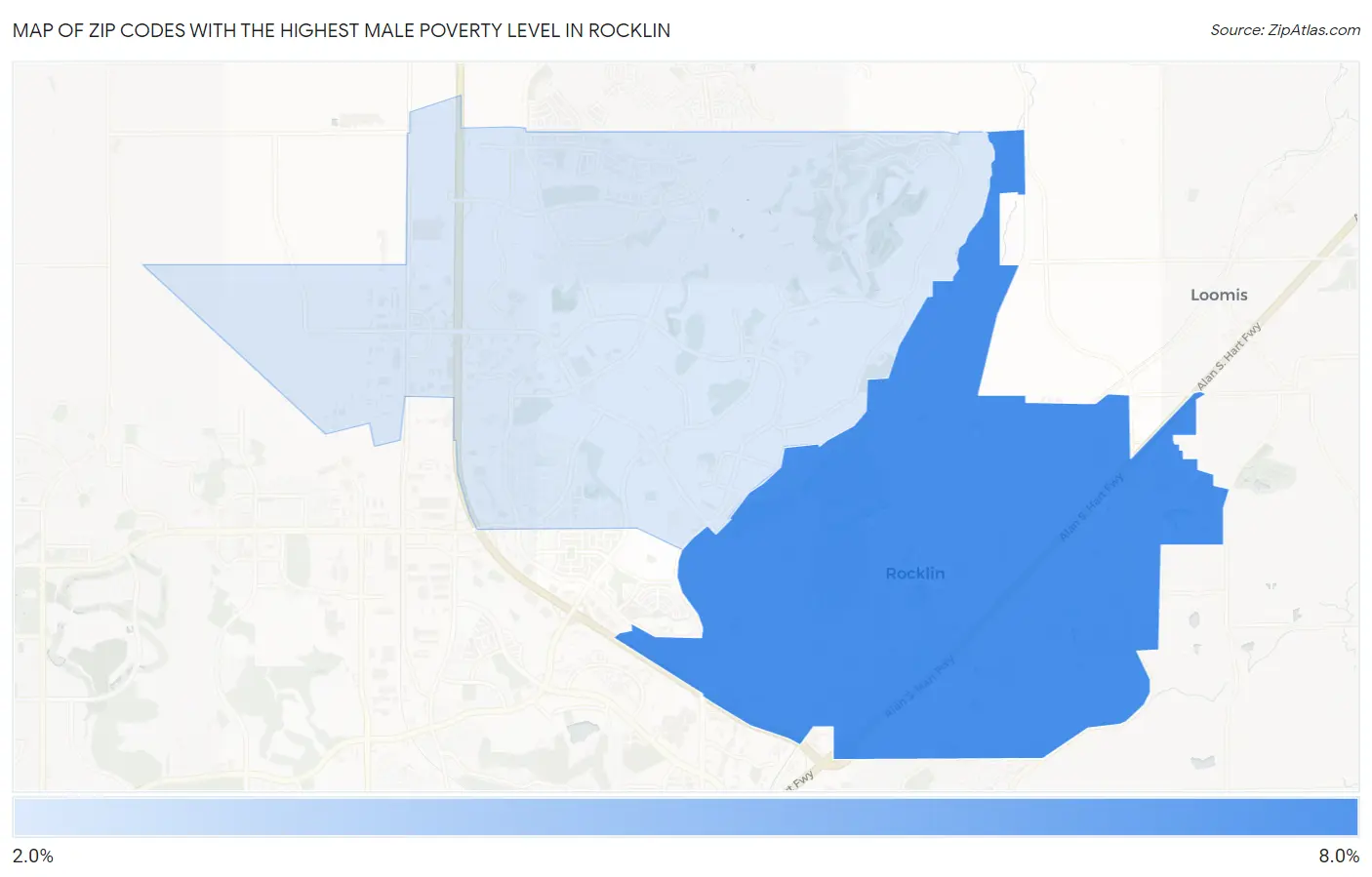 Zip Codes with the Highest Male Poverty Level in Rocklin Map