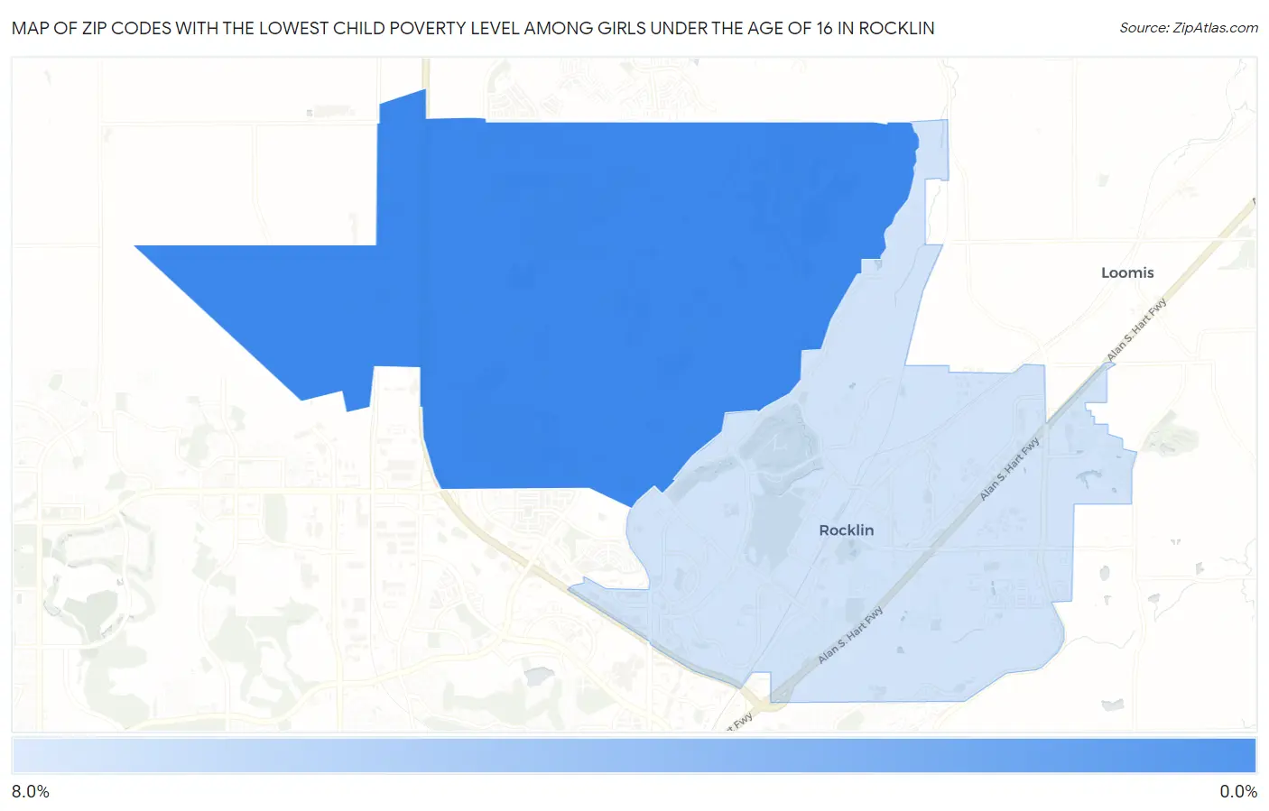Zip Codes with the Lowest Child Poverty Level Among Girls Under the Age of 16 in Rocklin Map