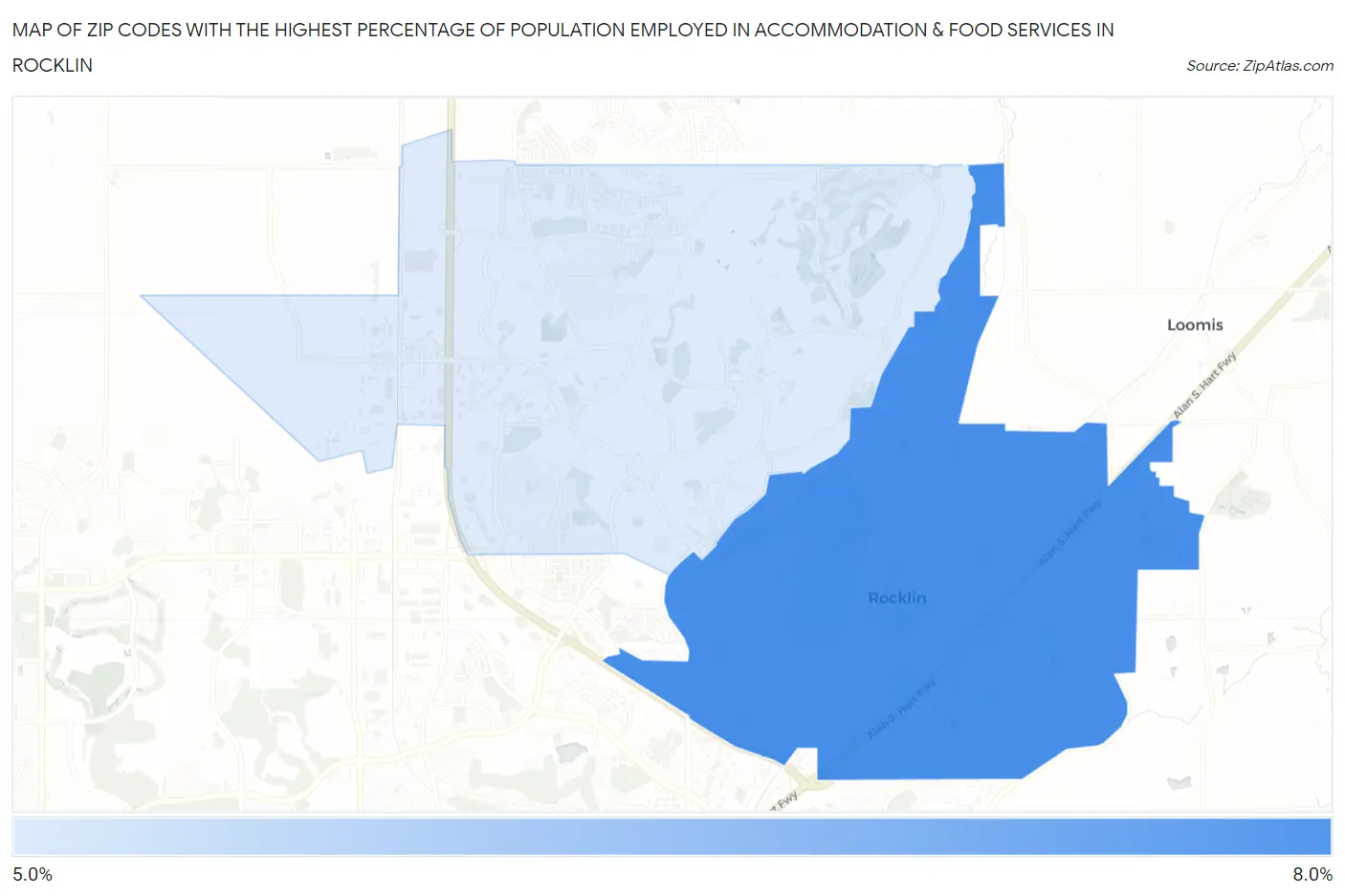 Zip Codes with the Highest Percentage of Population Employed in Accommodation & Food Services in Rocklin Map