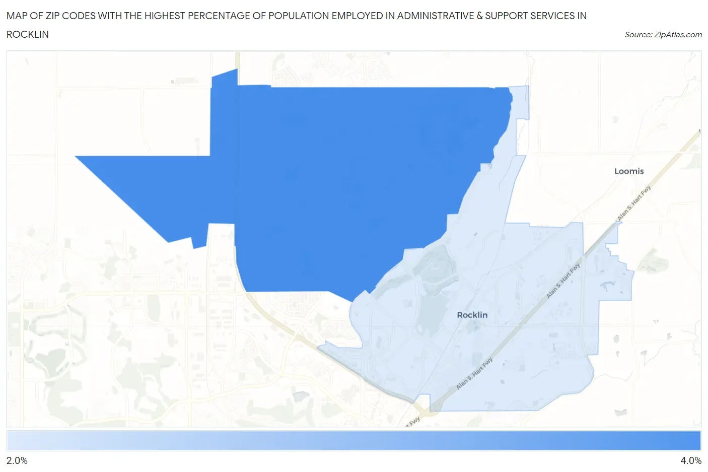 Zip Codes with the Highest Percentage of Population Employed in Administrative & Support Services in Rocklin Map