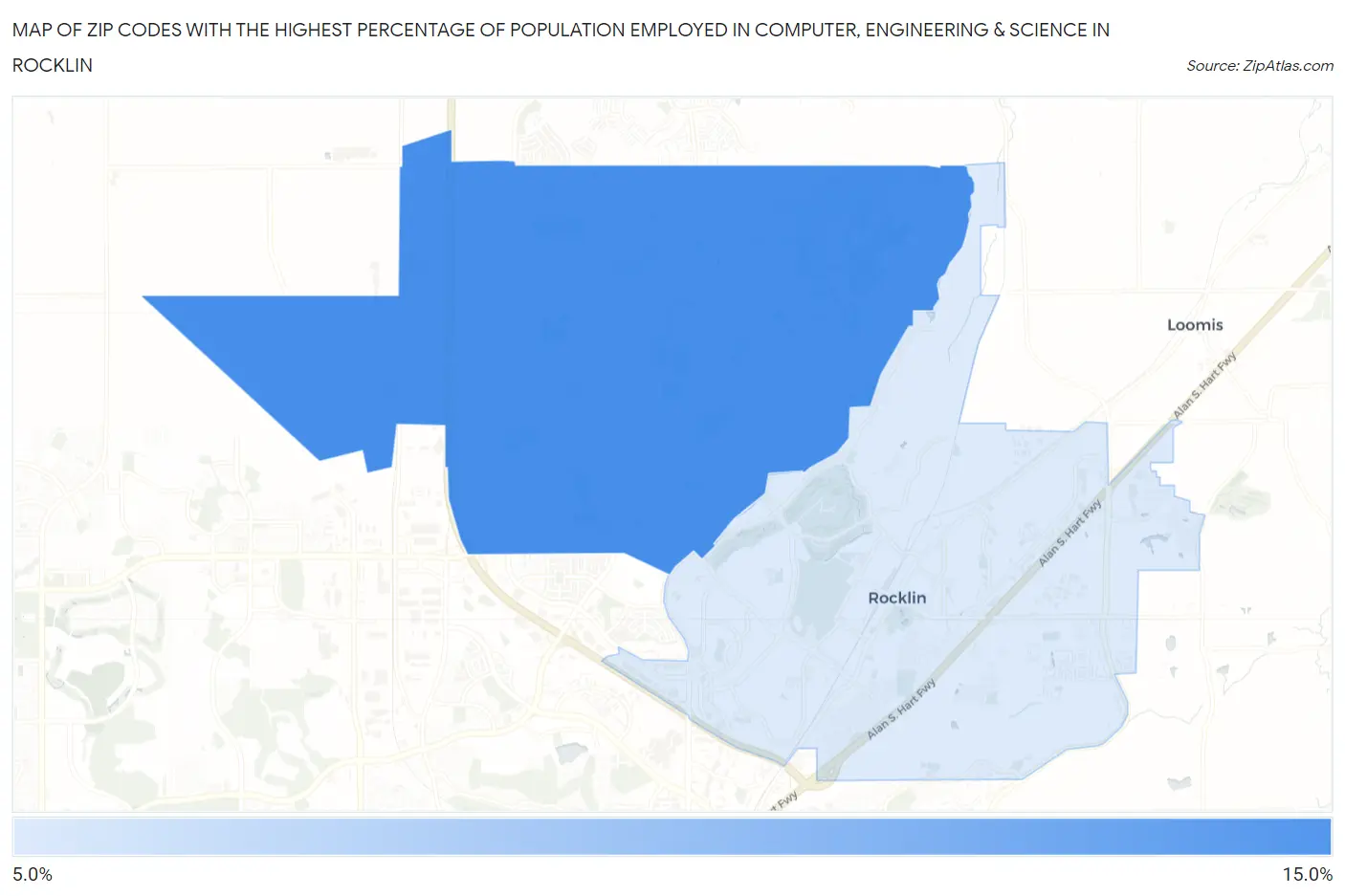 Zip Codes with the Highest Percentage of Population Employed in Computer, Engineering & Science in Rocklin Map