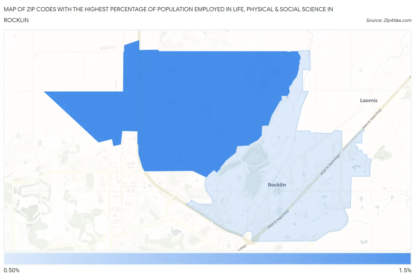 Zip Codes with the Highest Percentage of Population Employed in Life, Physical & Social Science in Rocklin Map