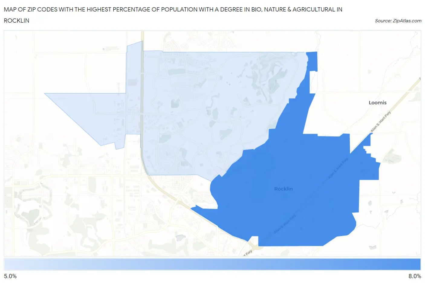 Zip Codes with the Highest Percentage of Population with a Degree in Bio, Nature & Agricultural in Rocklin Map