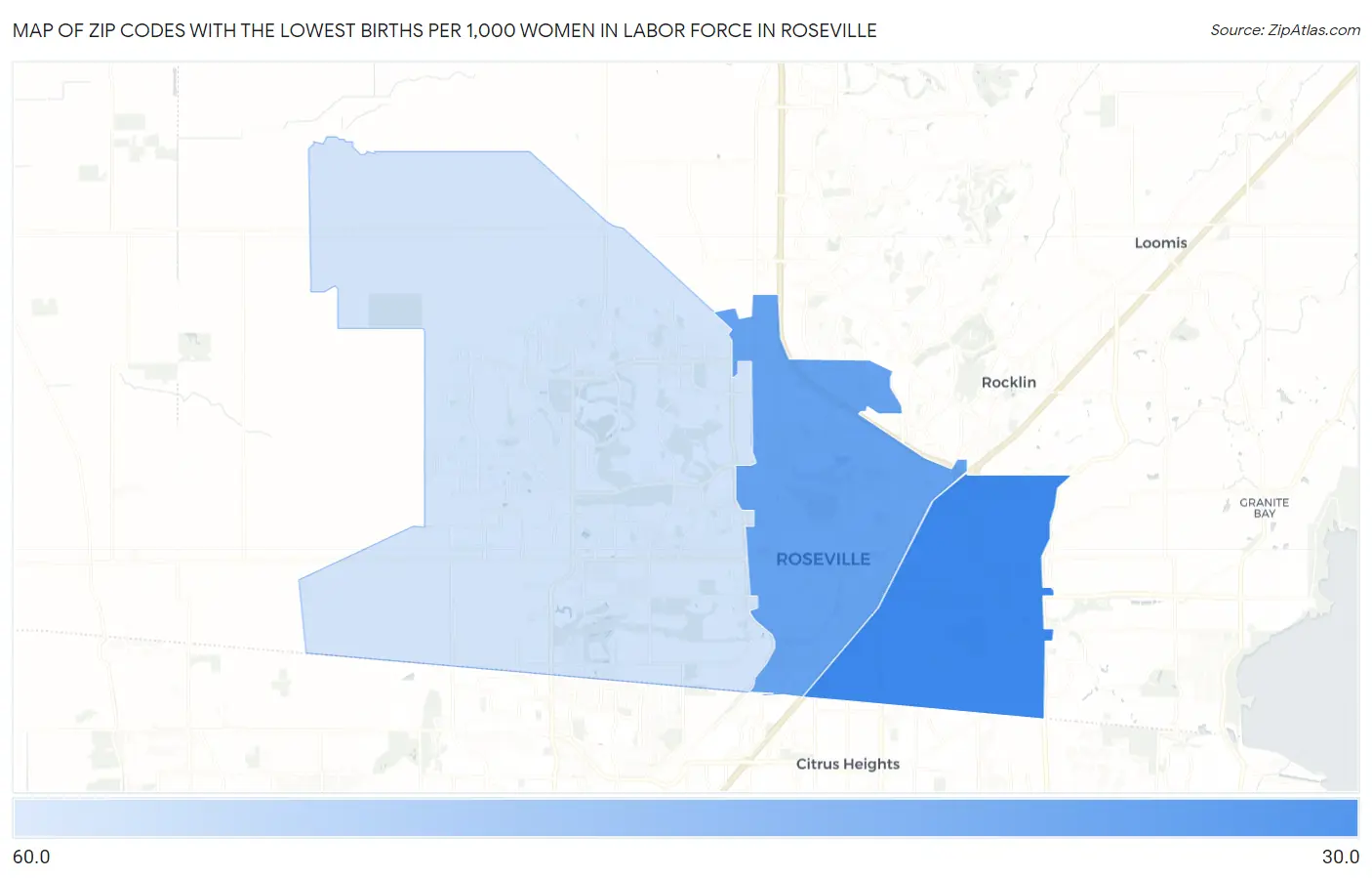 Zip Codes with the Lowest Births per 1,000 Women in Labor Force in Roseville Map