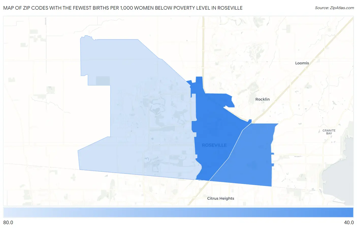 Zip Codes with the Fewest Births per 1,000 Women Below Poverty Level in Roseville Map