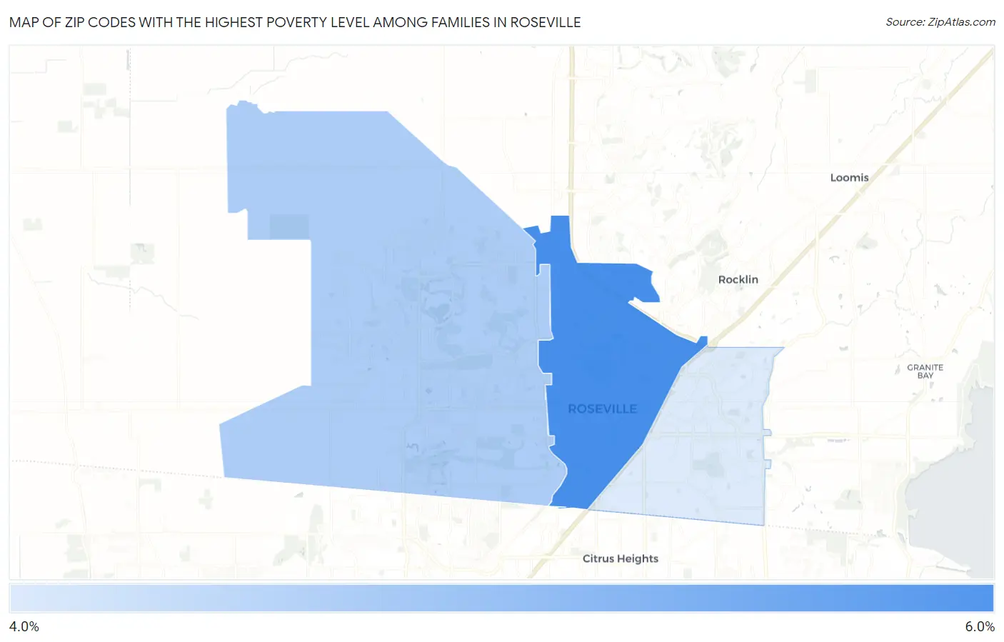 Zip Codes with the Highest Poverty Level Among Families in Roseville Map
