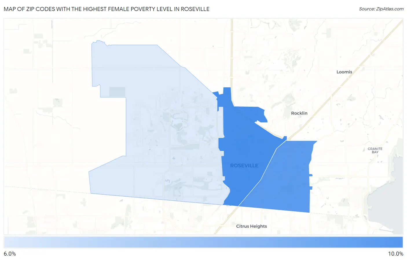 Zip Codes with the Highest Female Poverty Level in Roseville Map