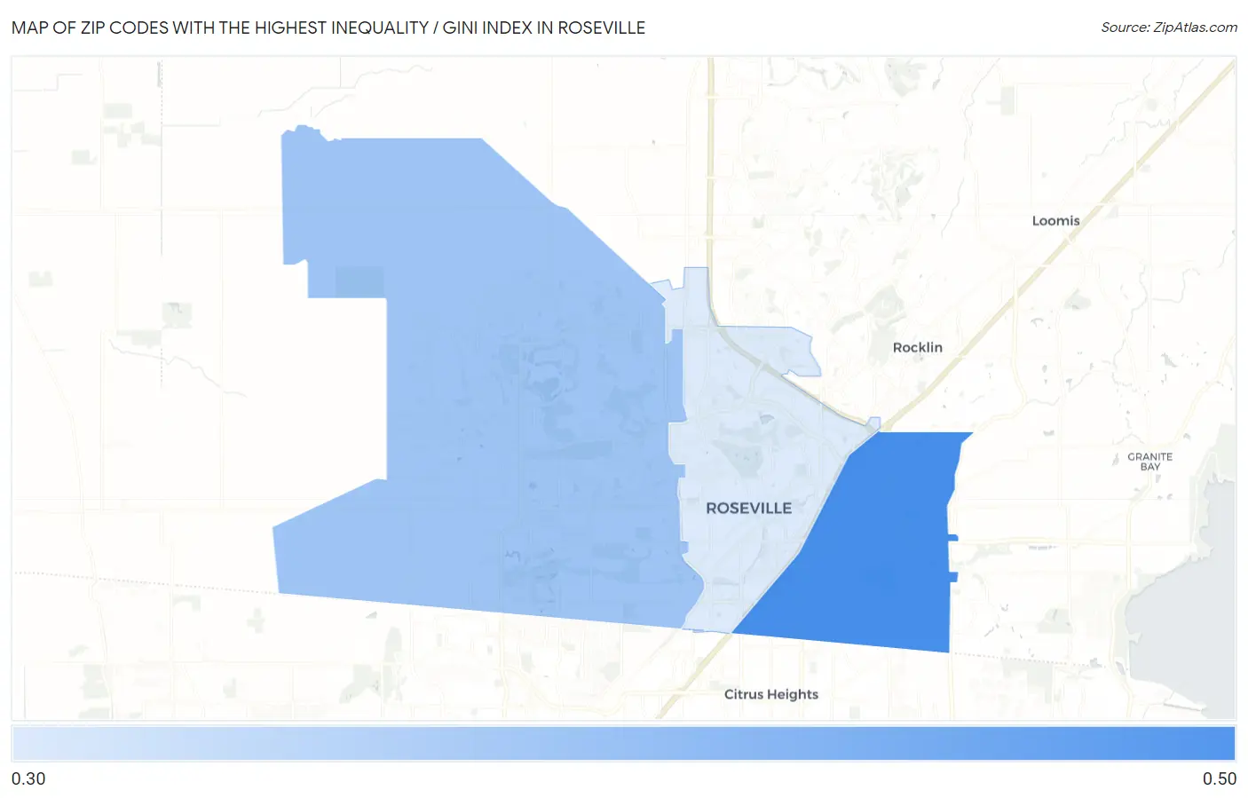 Zip Codes with the Highest Inequality / Gini Index in Roseville Map