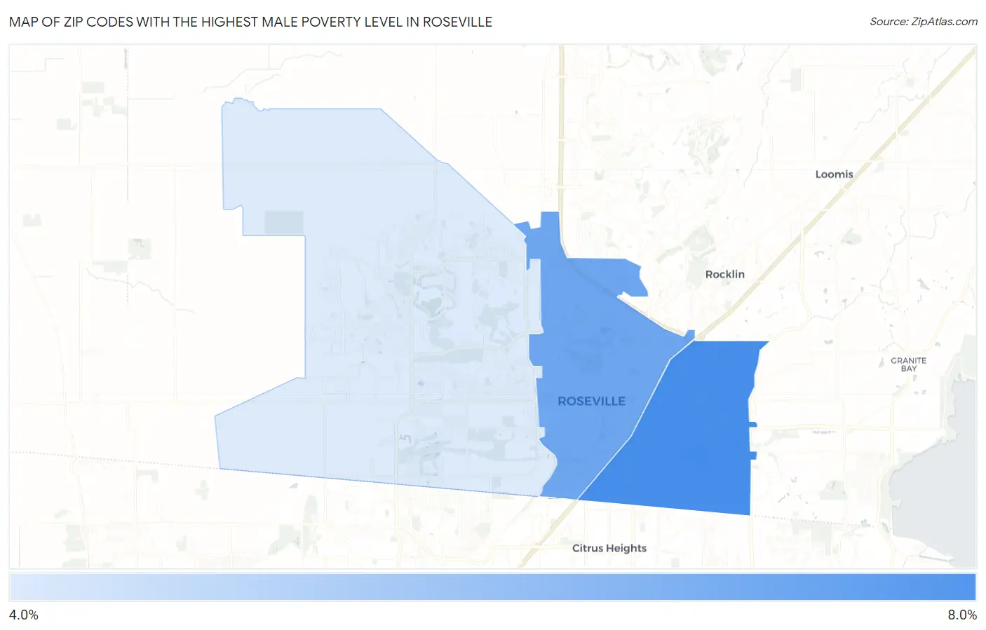 Zip Codes with the Highest Male Poverty Level in Roseville Map