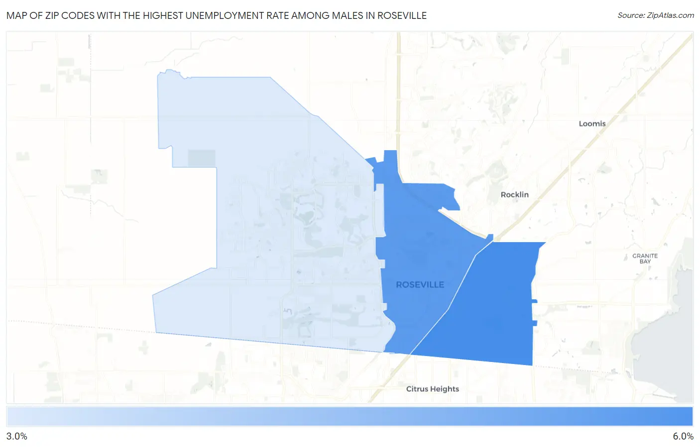 Zip Codes with the Highest Unemployment Rate Among Males in Roseville Map