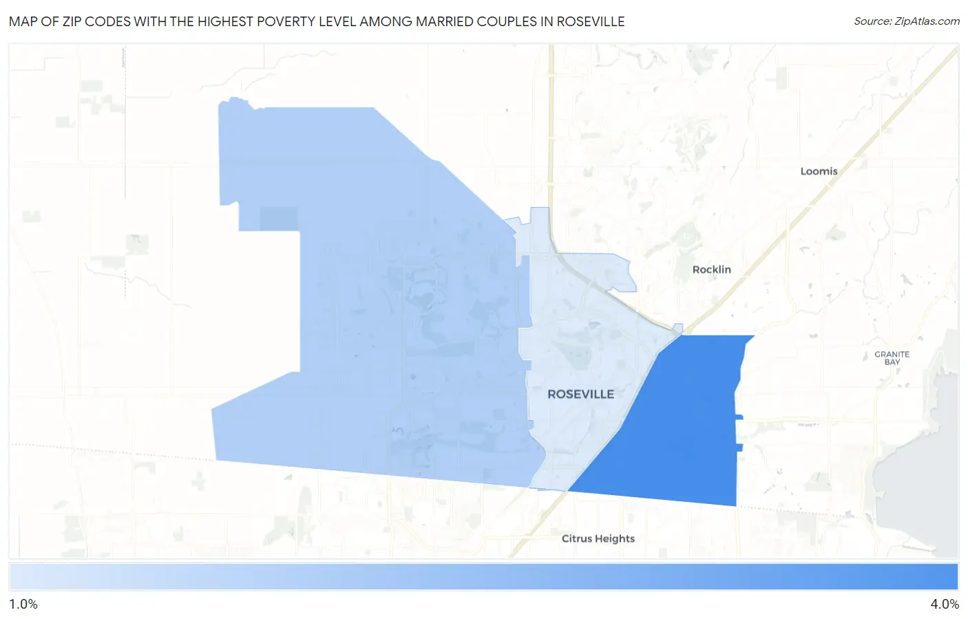 Zip Codes with the Highest Poverty Level Among Married Couples in Roseville Map