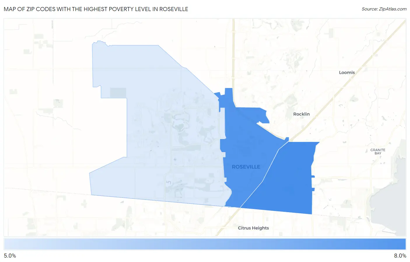Zip Codes with the Highest Poverty Level in Roseville Map