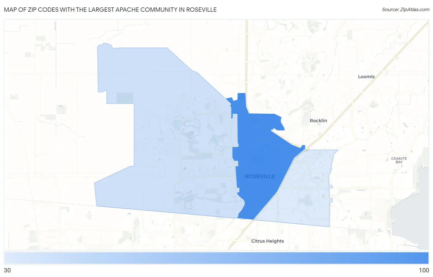 Zip Codes with the Largest Apache Community in Roseville Map