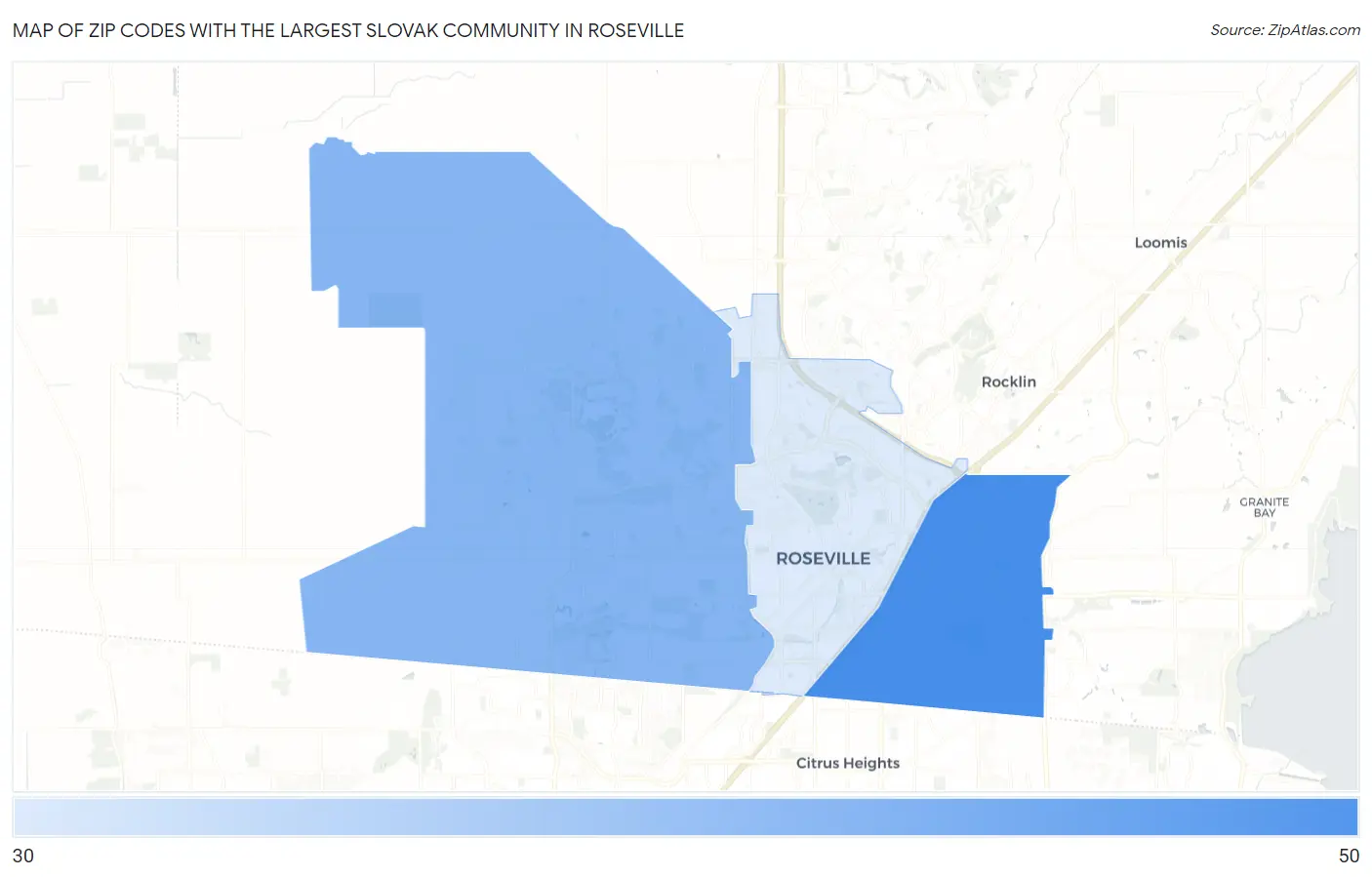 Zip Codes with the Largest Slovak Community in Roseville Map
