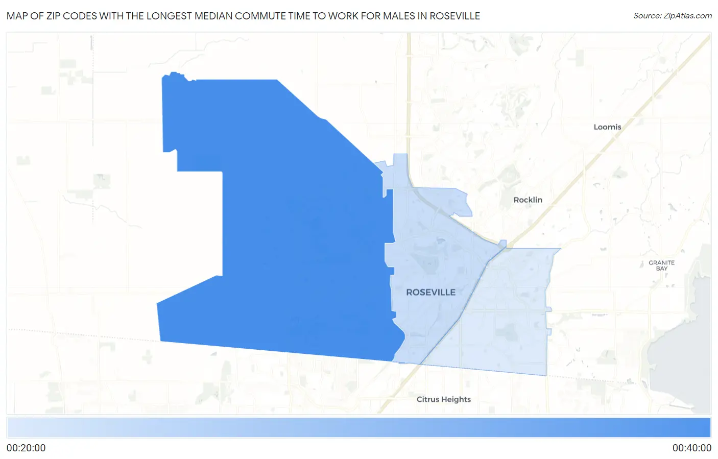 Zip Codes with the Longest Median Commute Time to Work for Males in Roseville Map