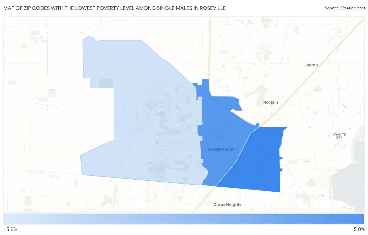 Zip Codes with the Lowest Poverty Level Among Single Males in Roseville Map