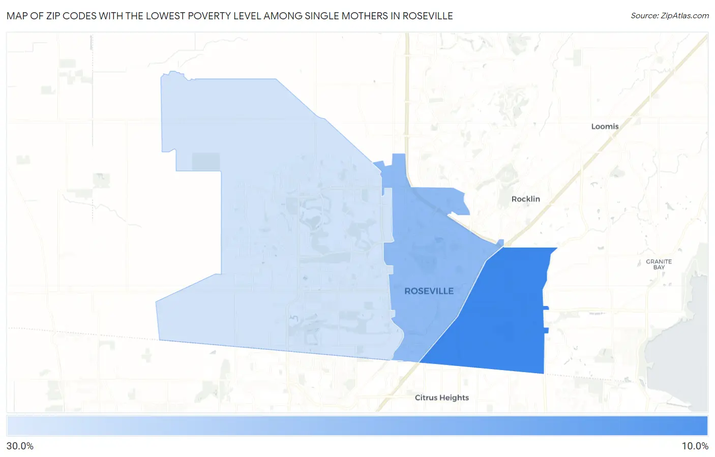 Zip Codes with the Lowest Poverty Level Among Single Mothers in Roseville Map
