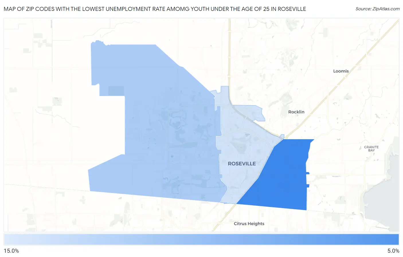 Zip Codes with the Lowest Unemployment Rate Amomg Youth Under the Age of 25 in Roseville Map