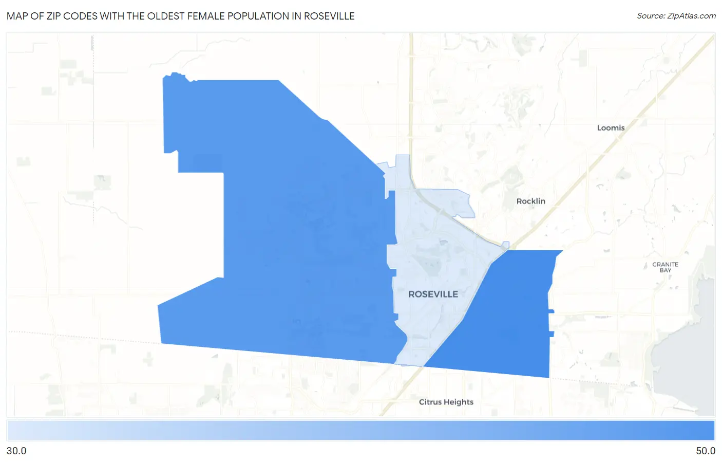 Zip Codes with the Oldest Female Population in Roseville Map