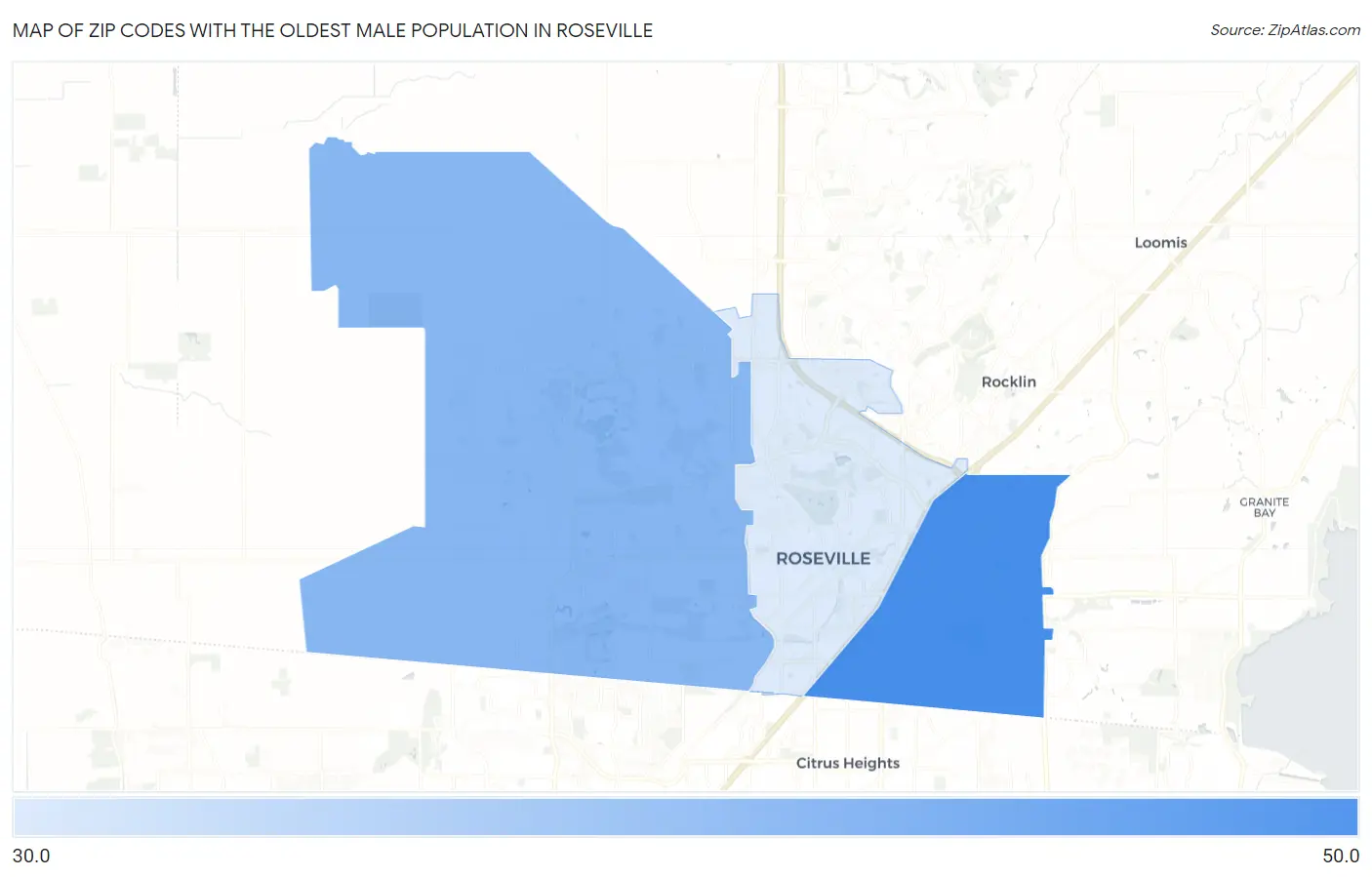 Zip Codes with the Oldest Male Population in Roseville Map